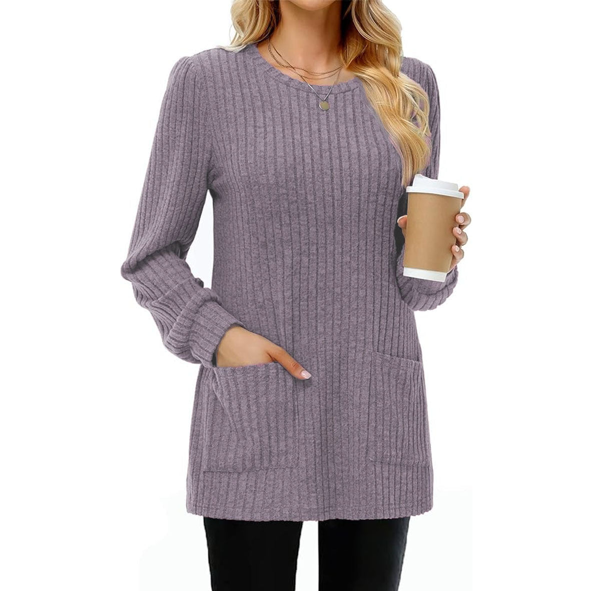Mid-length Sweater Round Neck Sunken Stripe Solid Color Pocket Top by DC-THE CEO