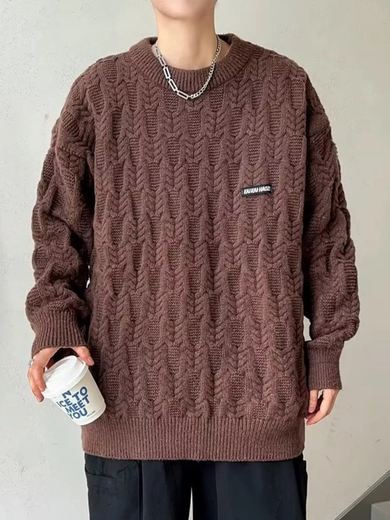 Men's Plus Size Textured Knit Long Sleeve Sweater by Trendsi