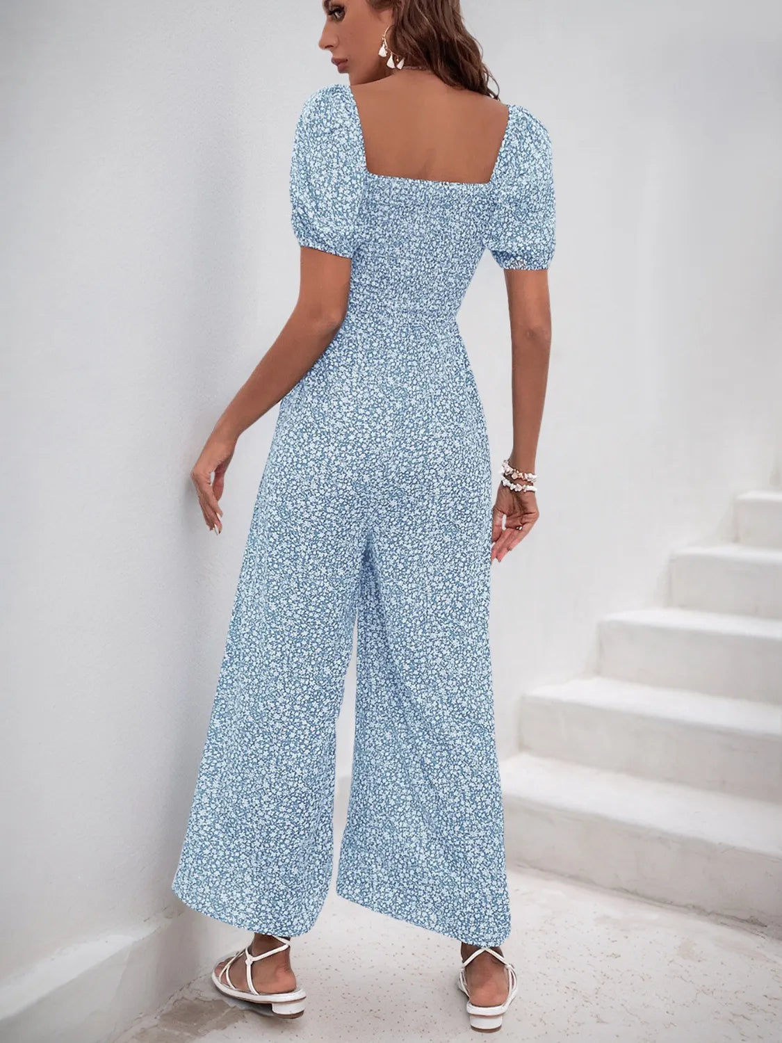 Printed Square Neck Puff Sleeve Jumpsuit by Trendsi