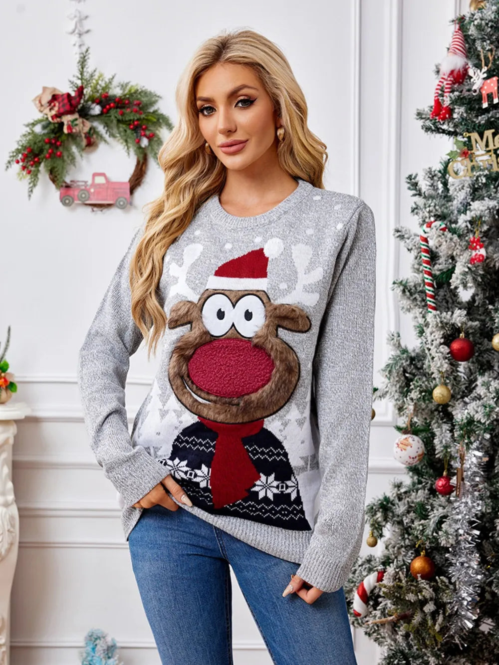 Reindeer Round Neck Long Sleeve Sweater by Trendsi