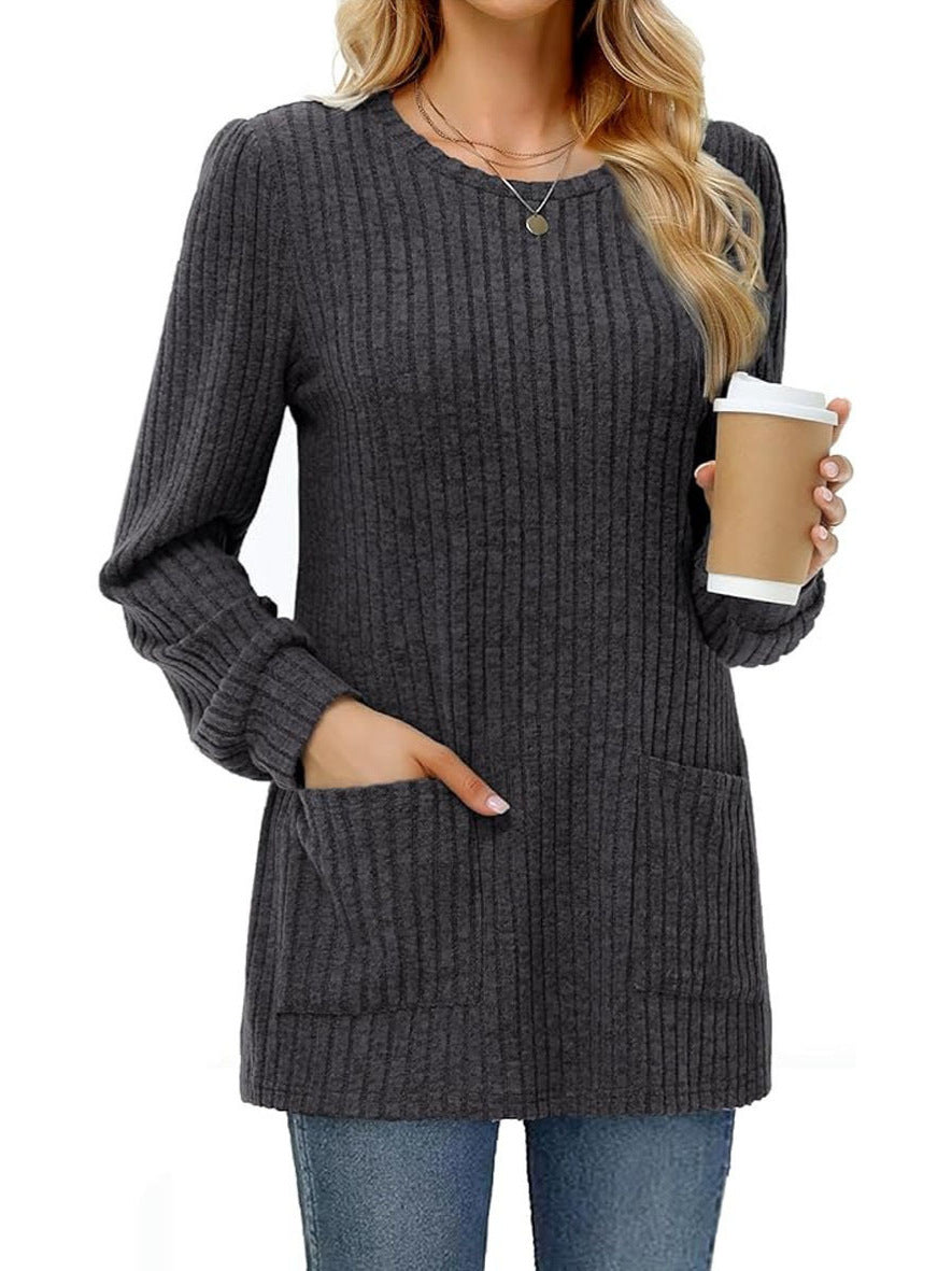 Mid-length Sweater Round Neck Sunken Stripe Solid Color Pocket Top by DC-THE CEO