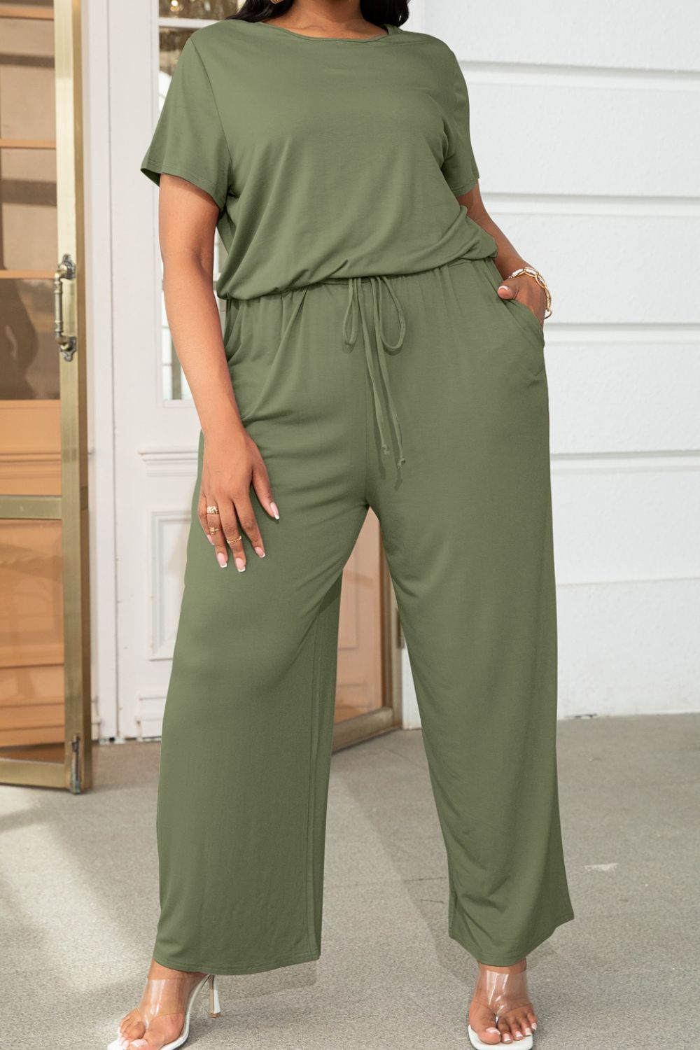 Plus Size Drawstring Waist Short Sleeve Jumpsuit by Trendsi