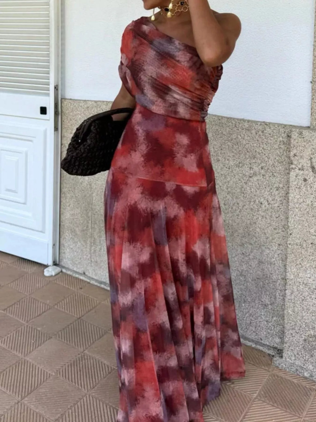 Printed Short Sleeve Maxi Dress by Trendsi