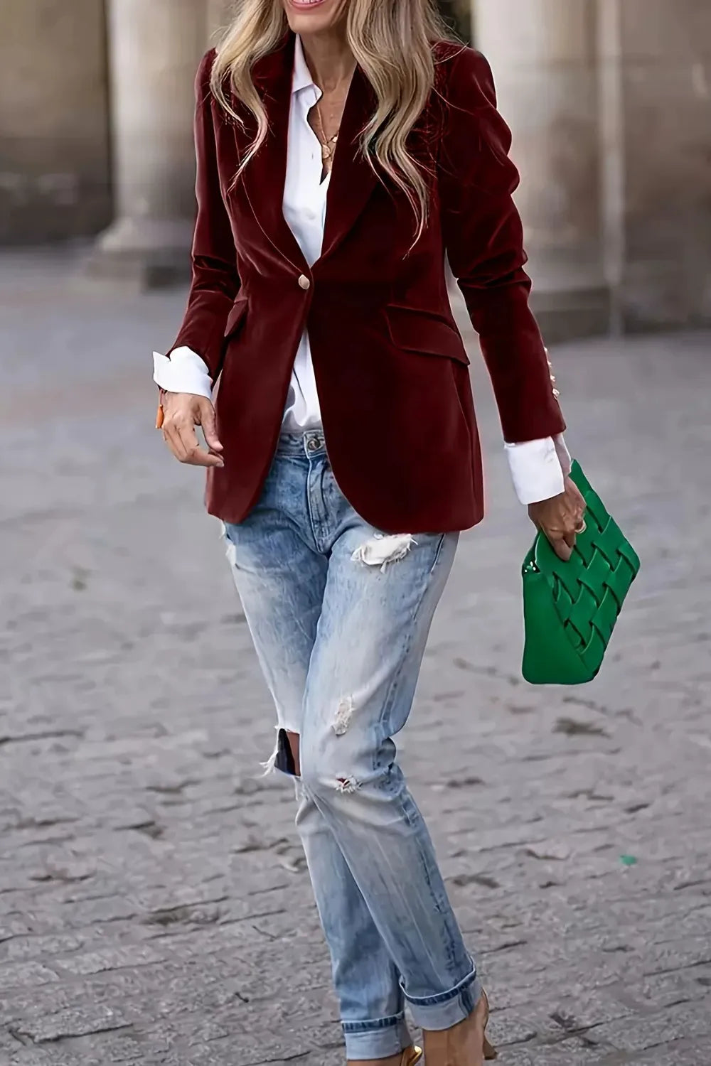 Lapel Collar One Button Blazer by Trendsi