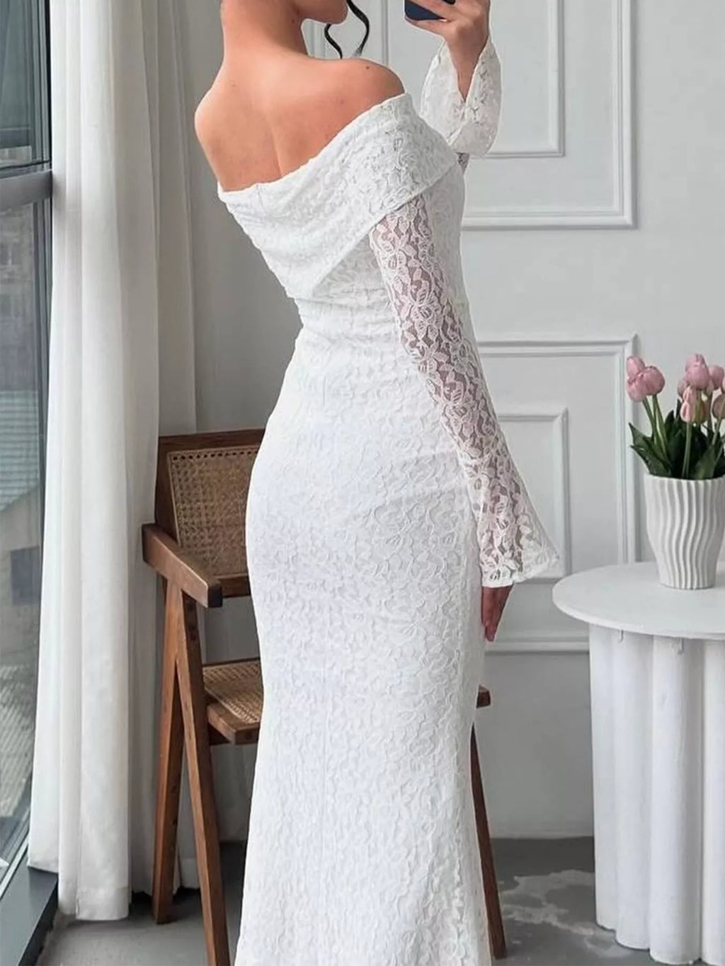Off-Shoulder Lace Bodycon Maxi Dress by Trendsi