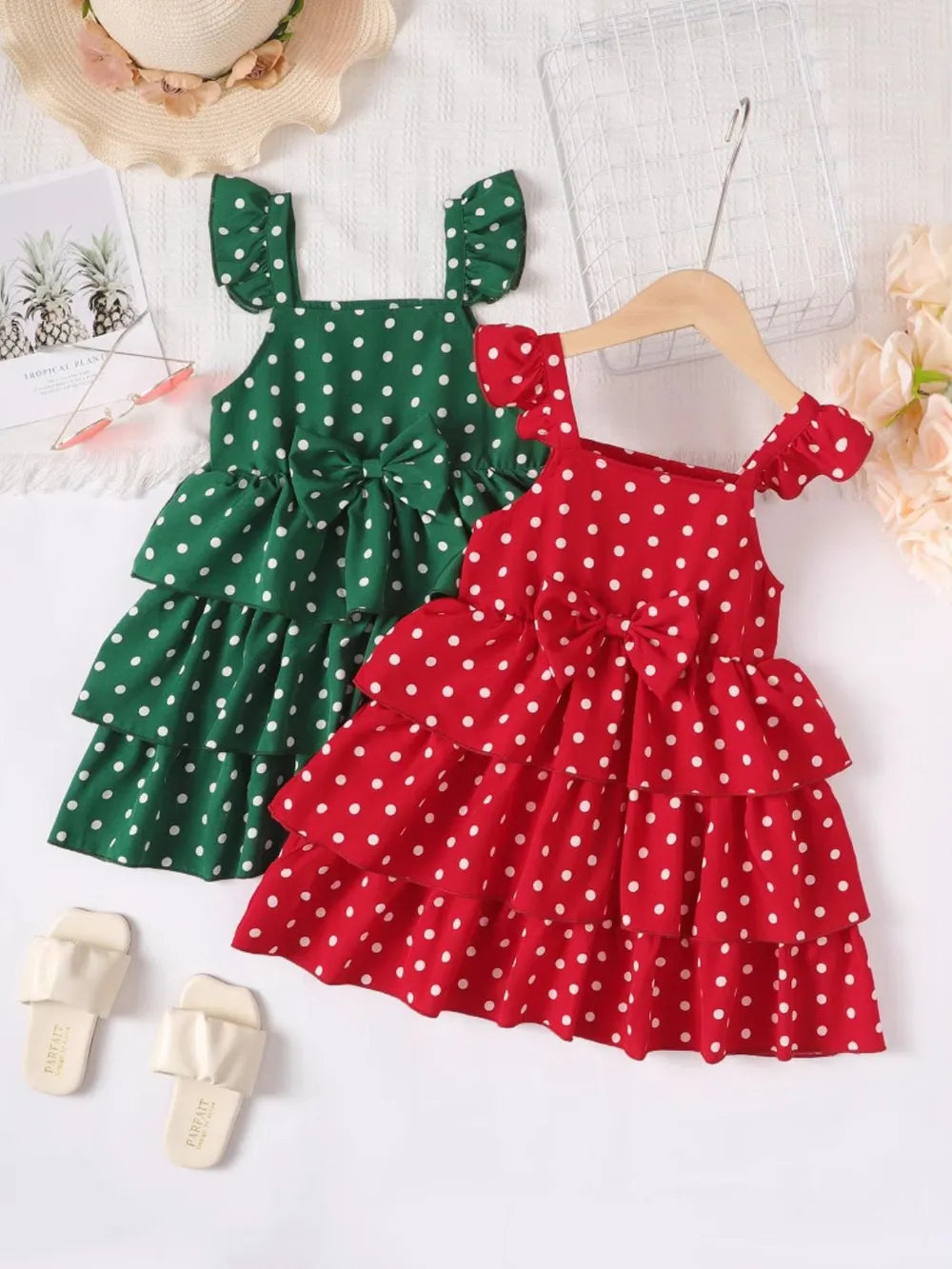 Bow Polka Dot Square Neck Layered Dress by Trendsi