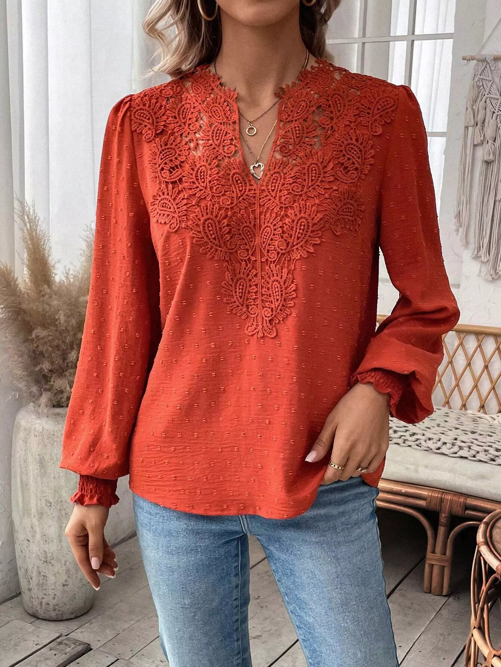 Swiss Dot Lace Detail Long Sleeve Blouse by Trendsi