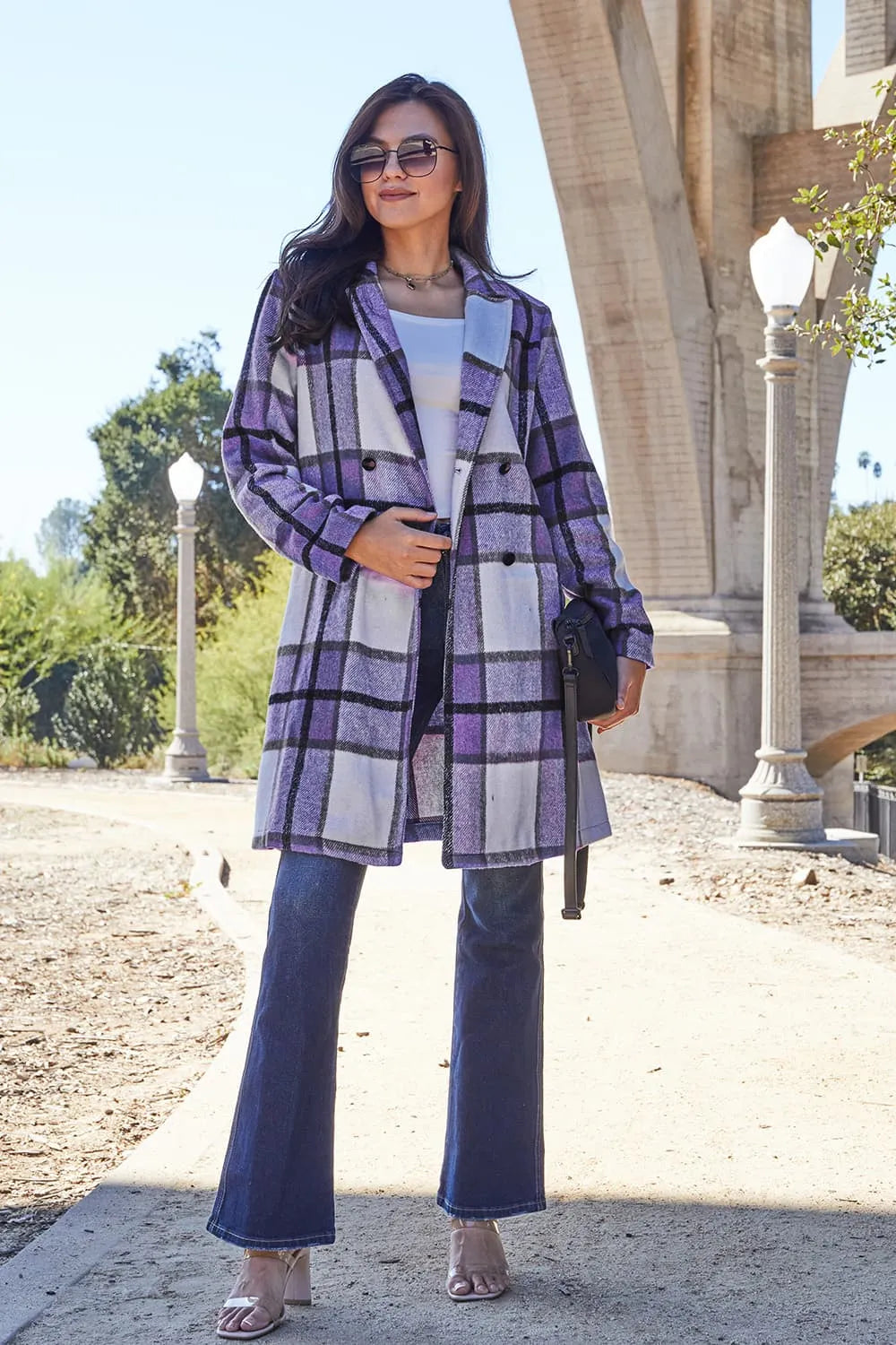Double Take Full Size Plaid Button Up Lapel Collar Coat by Trendsi