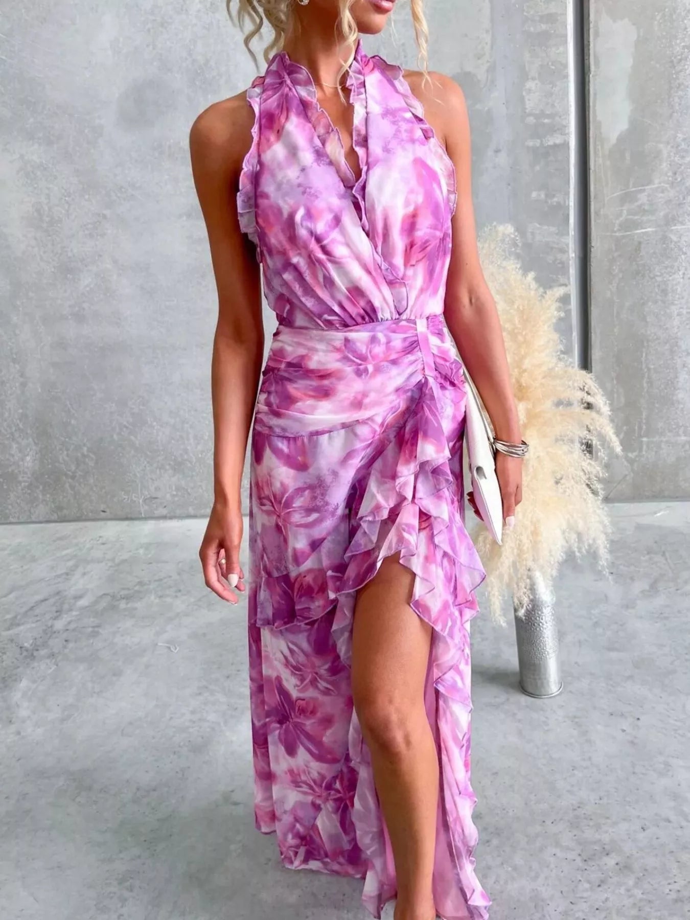 Floral Print Ruffle Halter Neck Maxi Dress by Trendsi