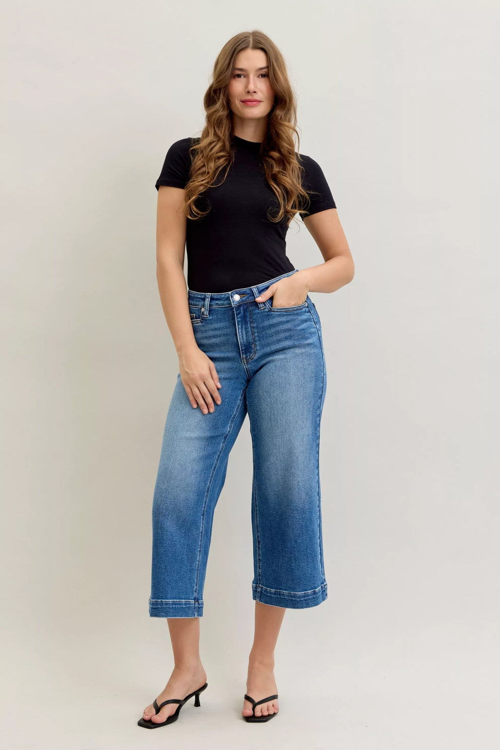 Judy Blue Mid Rise Crop Wide Leg Jeans by Trendsi