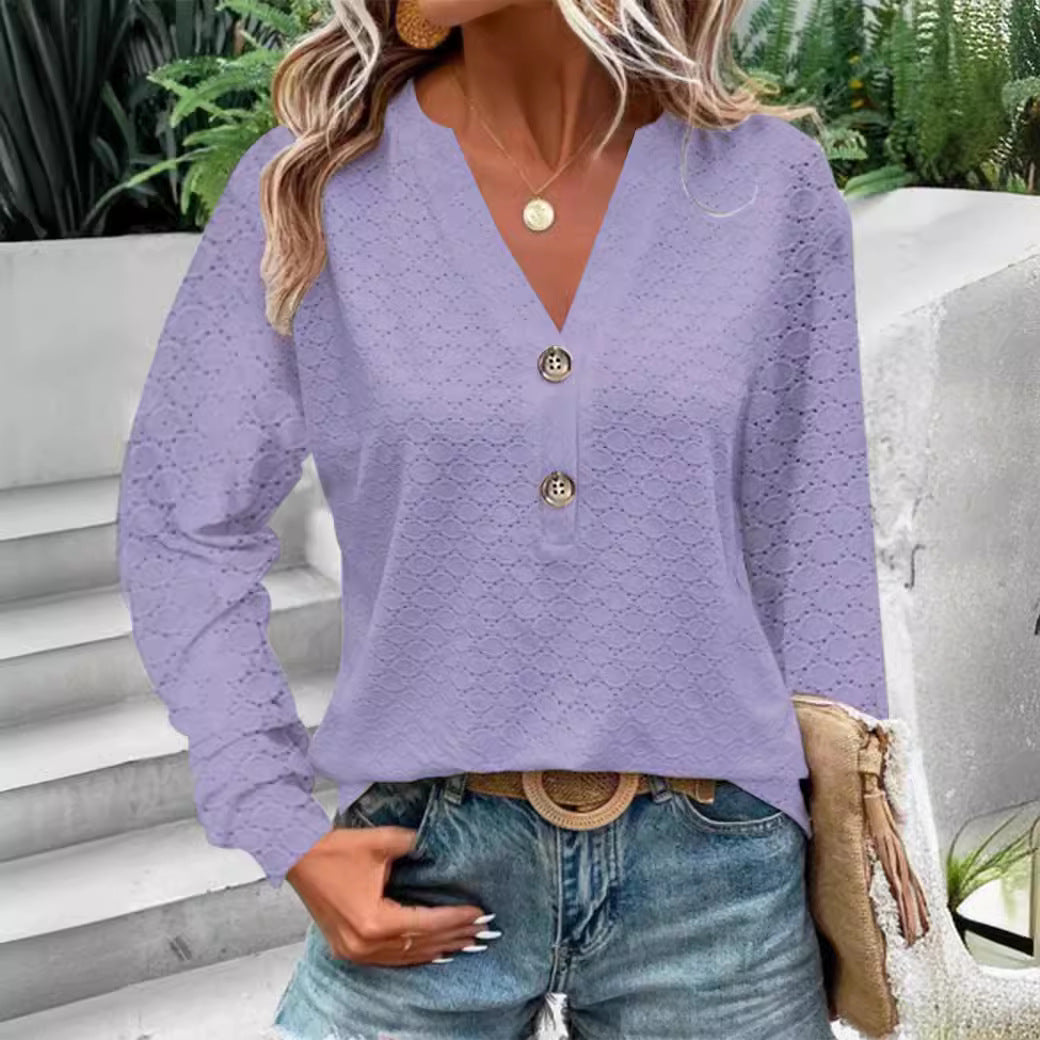 Women's Fashion Casual Solid Color Buttons V-neck Long Sleeve by DC-THE CEO