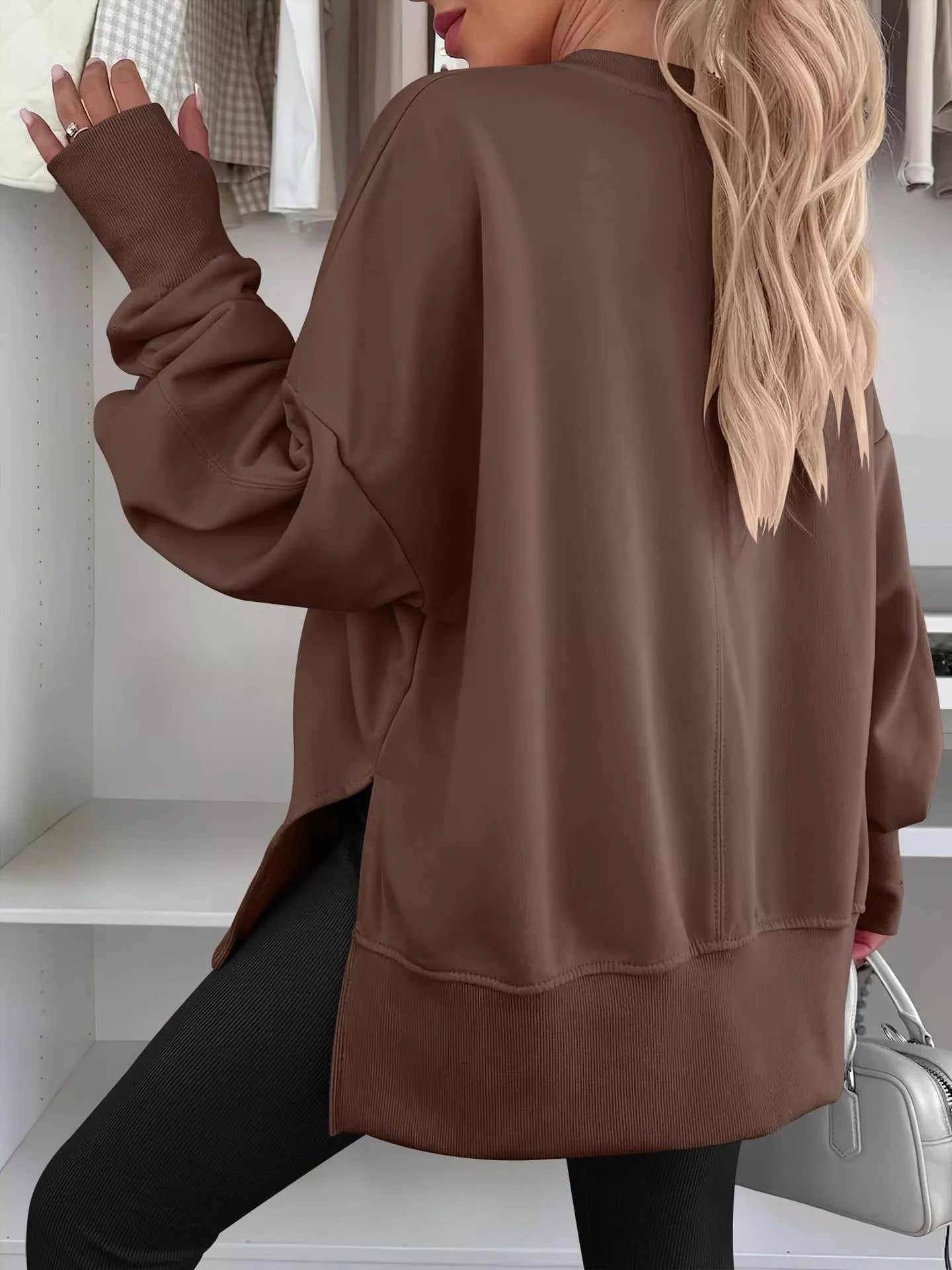 Side Slit Round Neck Long Sleeve Sweatshirt by Trendsi