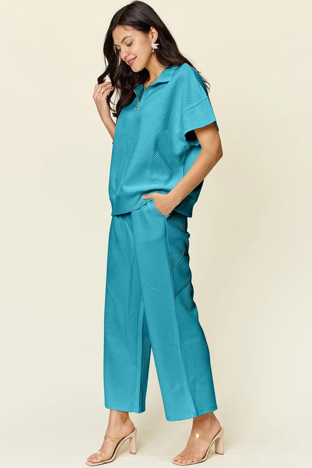 Double Take Full Size Texture Half Zip Short Sleeve Top and Pants Set by Trendsi