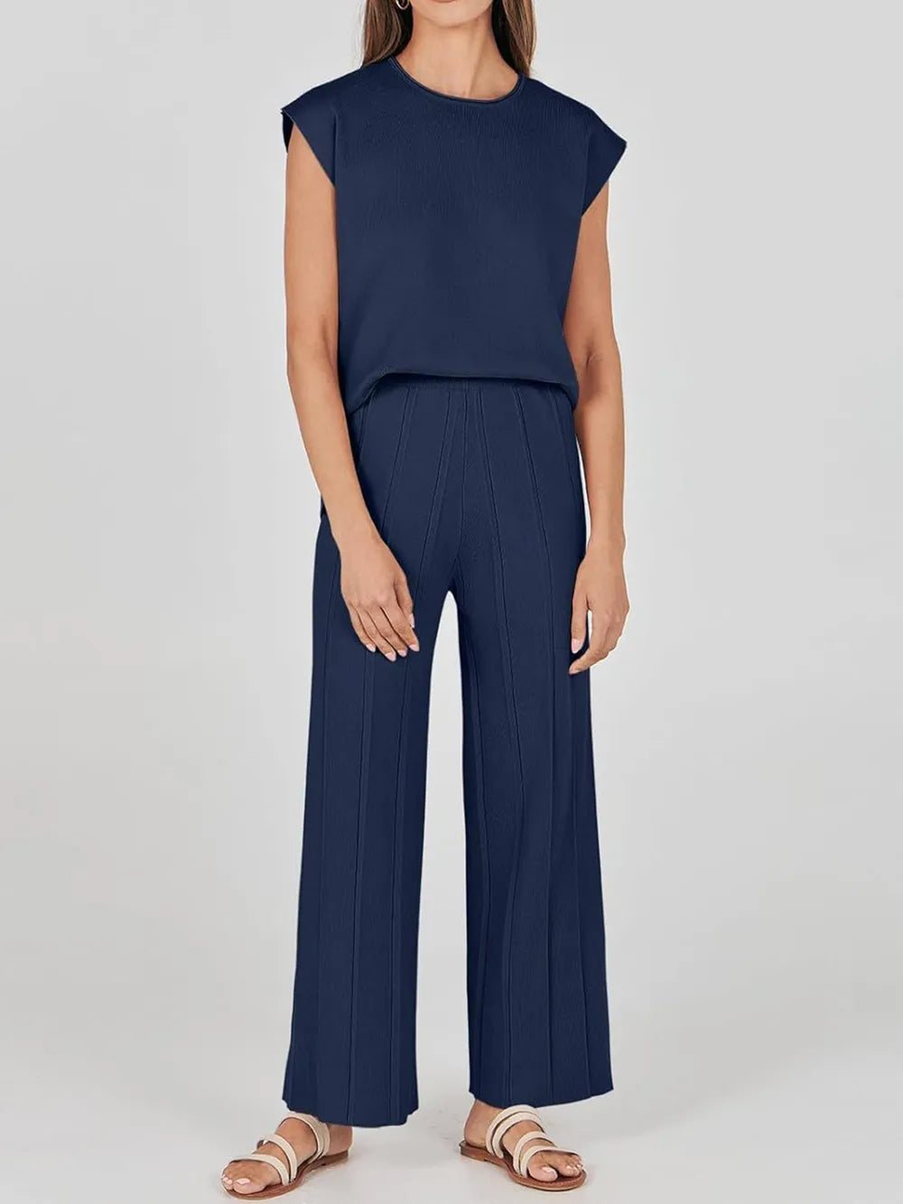 Round Neck Cap Sleeve Top and Pants Knit Set by Trendsi