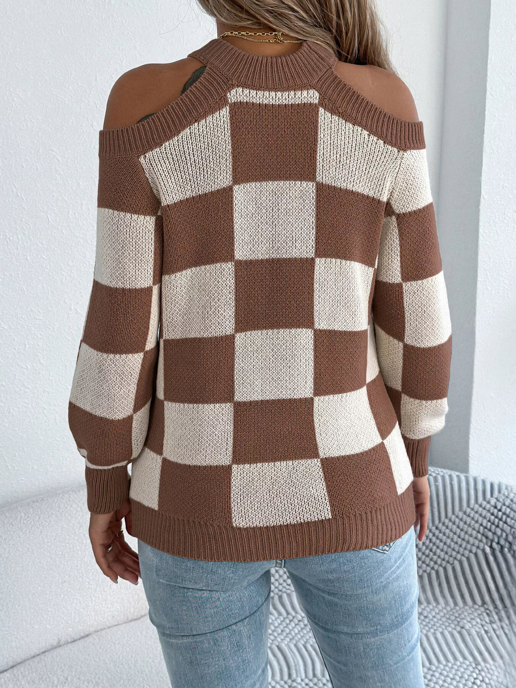 Cold Shoulder Checkered Long Sleeve Sweater by Trendsi