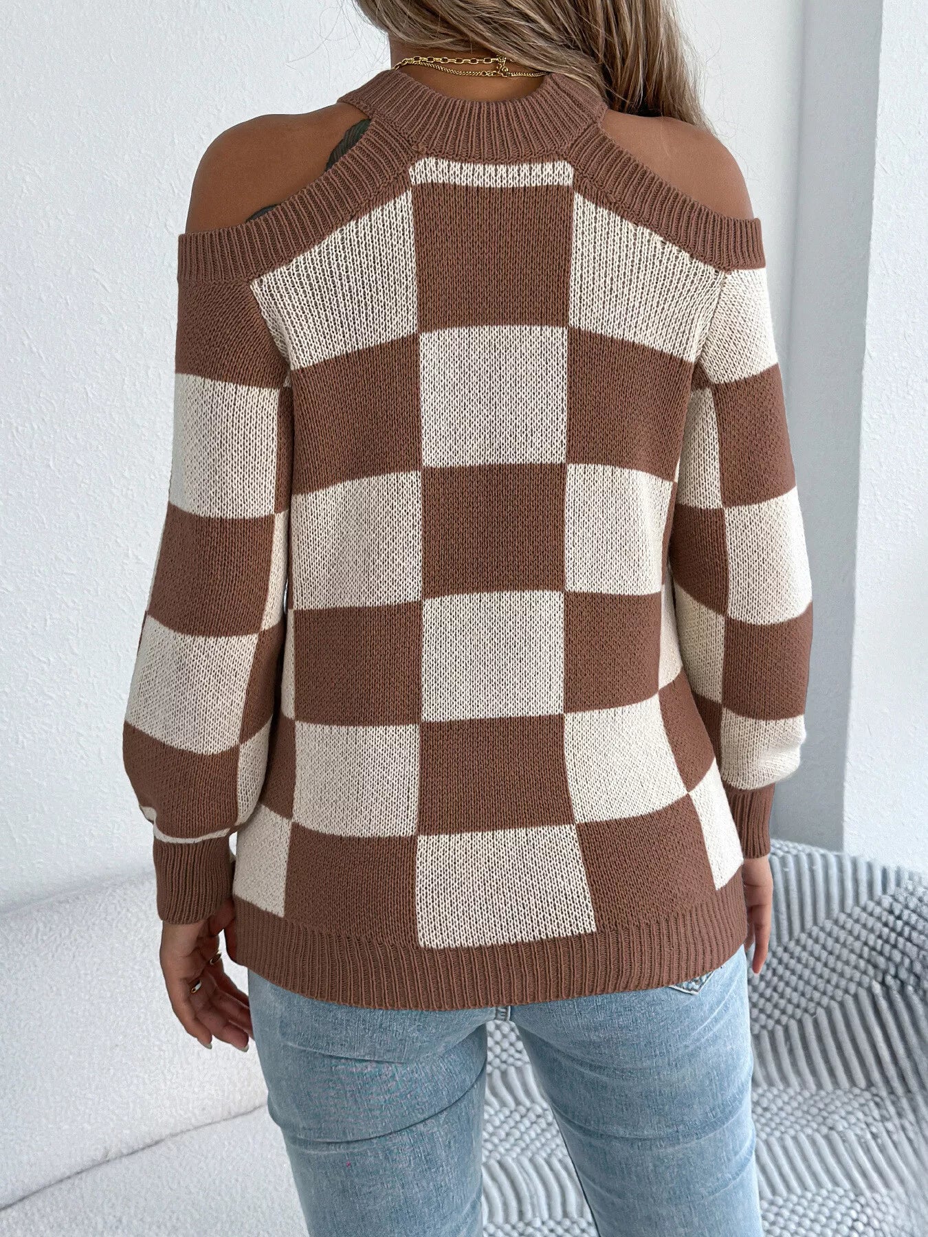 Cold Shoulder Checkered Long Sleeve Sweater by Trendsi