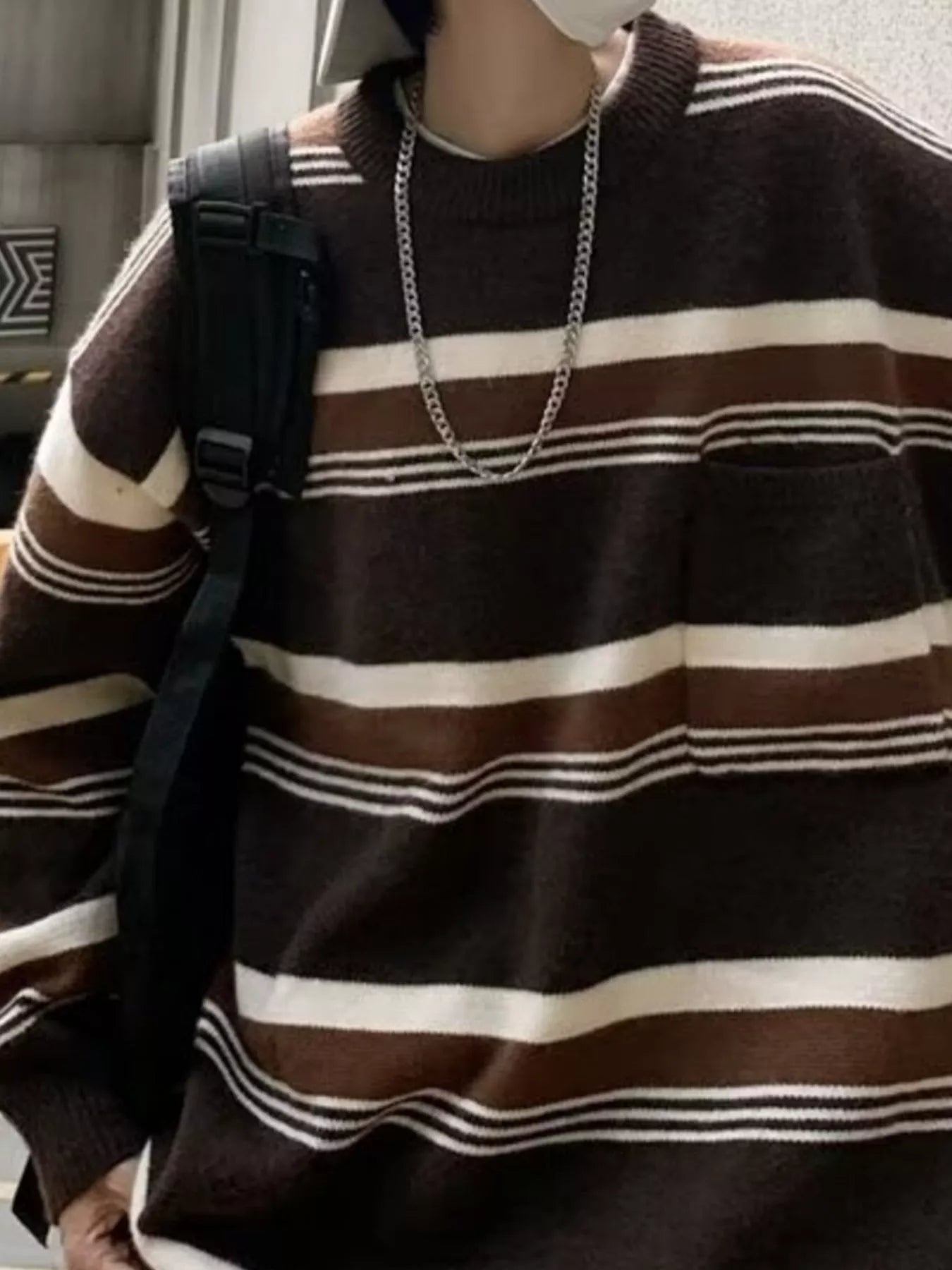 Men's Striped Knit Dropped Shoulder Sweater by Trendsi