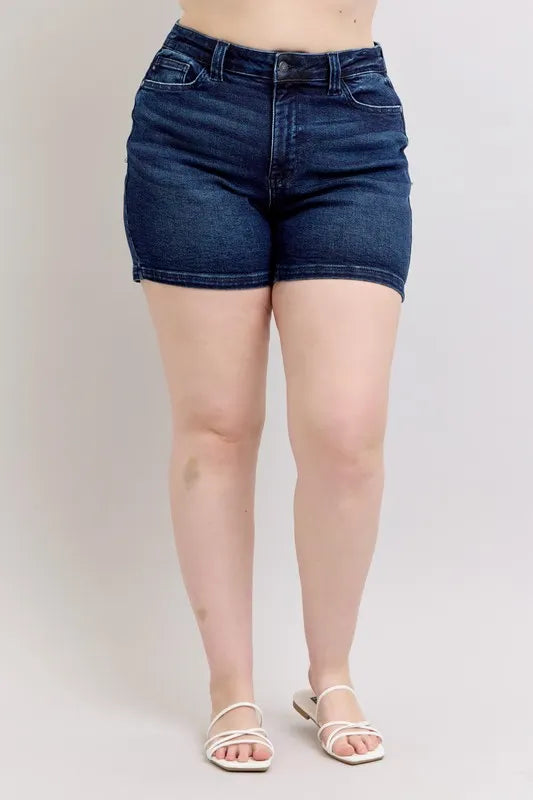 Judy Blue Full Size High Waist Back Flap Pocket Denim Shorts Plus Size by Trendsi