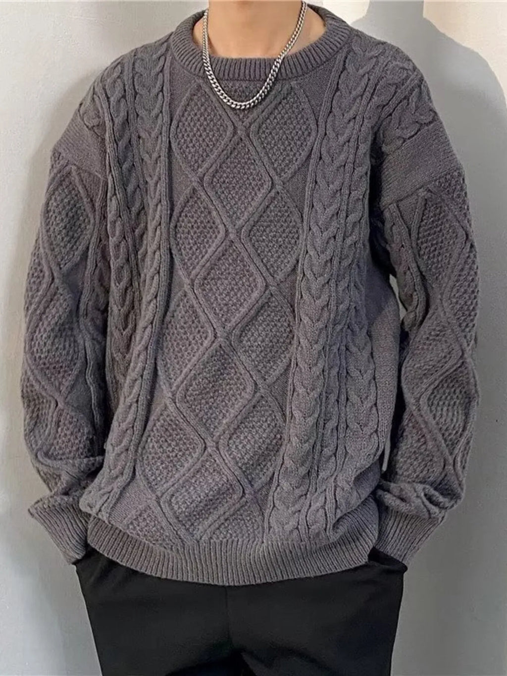 Men's Plus Size Cable Knit Round Neck Sweater by Trendsi