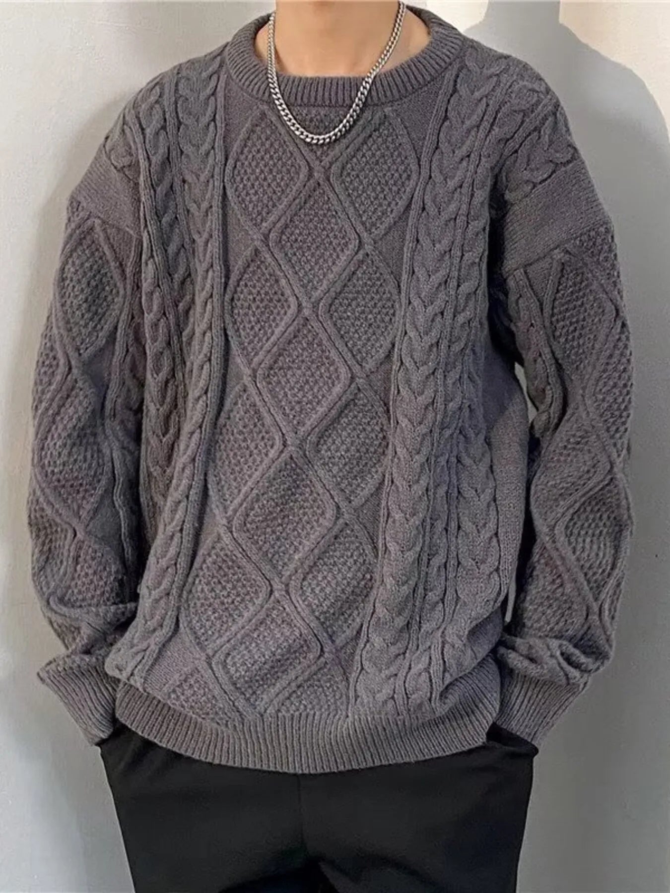 Men's Plus Size Cable Knit Round Neck Sweater by Trendsi