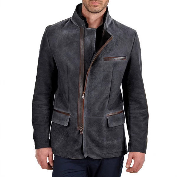 Vintage Jacket Men's Casual Coat Stand Collar Zipper Tooling Patchwork Top by Estely