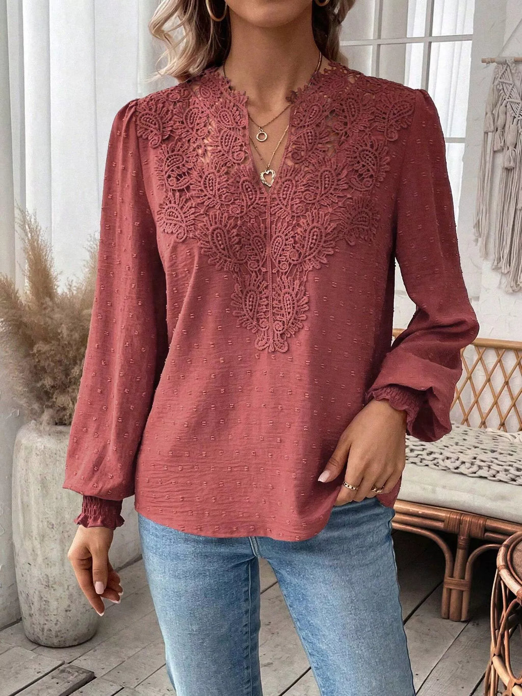 Swiss Dot Lace Detail Long Sleeve Blouse by Trendsi