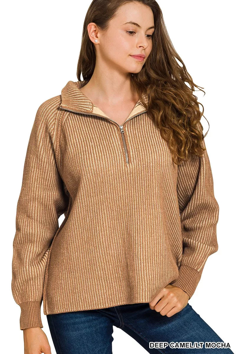 Zenana Ribbed Two Tone Half Zip Sweater by Trendsi