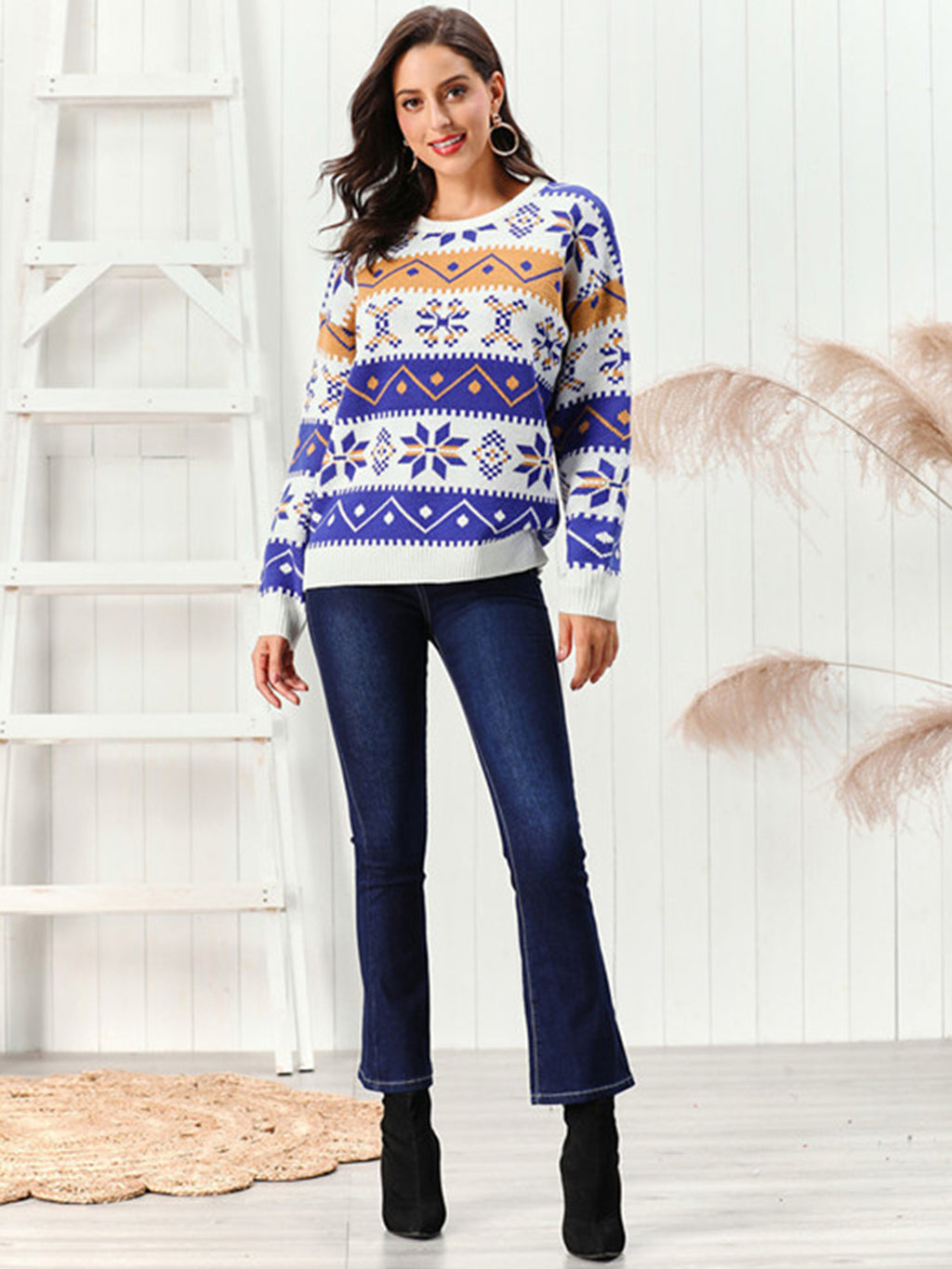 Snowflake Pattern Round Neck Sweater by Trendsi