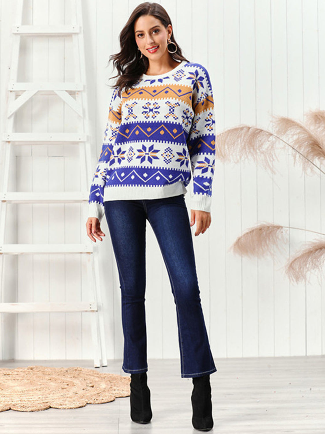 Snowflake Pattern Round Neck Sweater by Trendsi