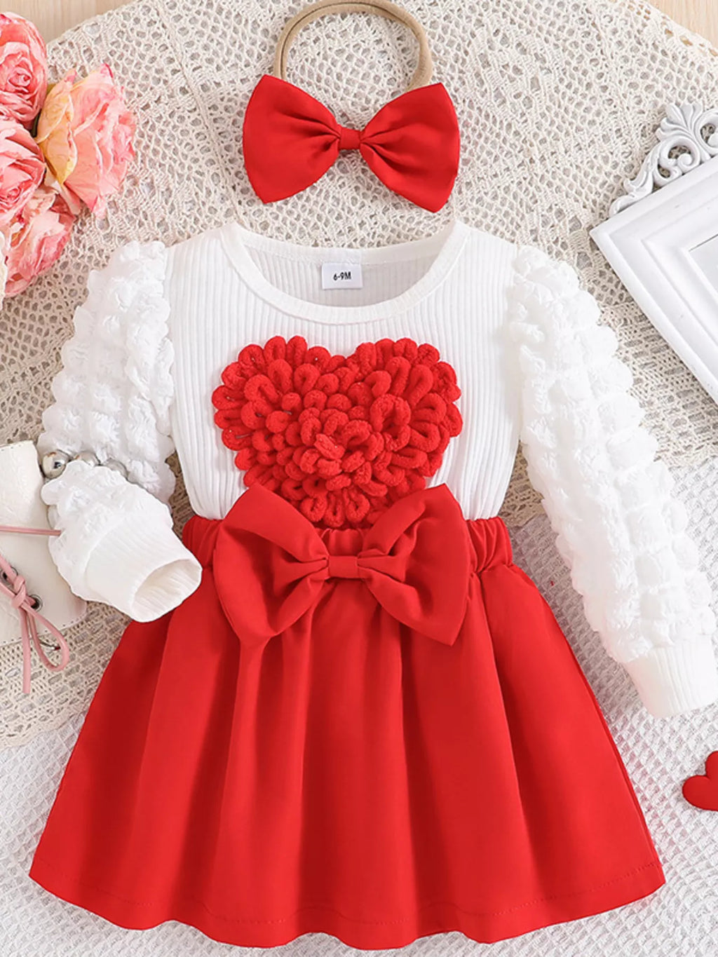 Children's Heart Bowknot Decor Dress with Headband by Trendsi