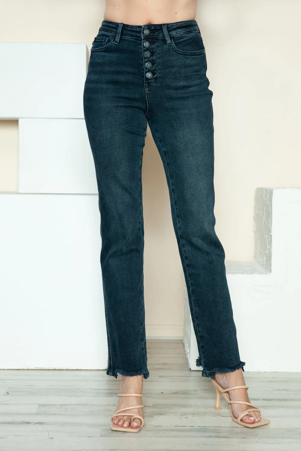 Judy Blue Full Size Button Fly Hem Destroy Straight Jeans by Trendsi