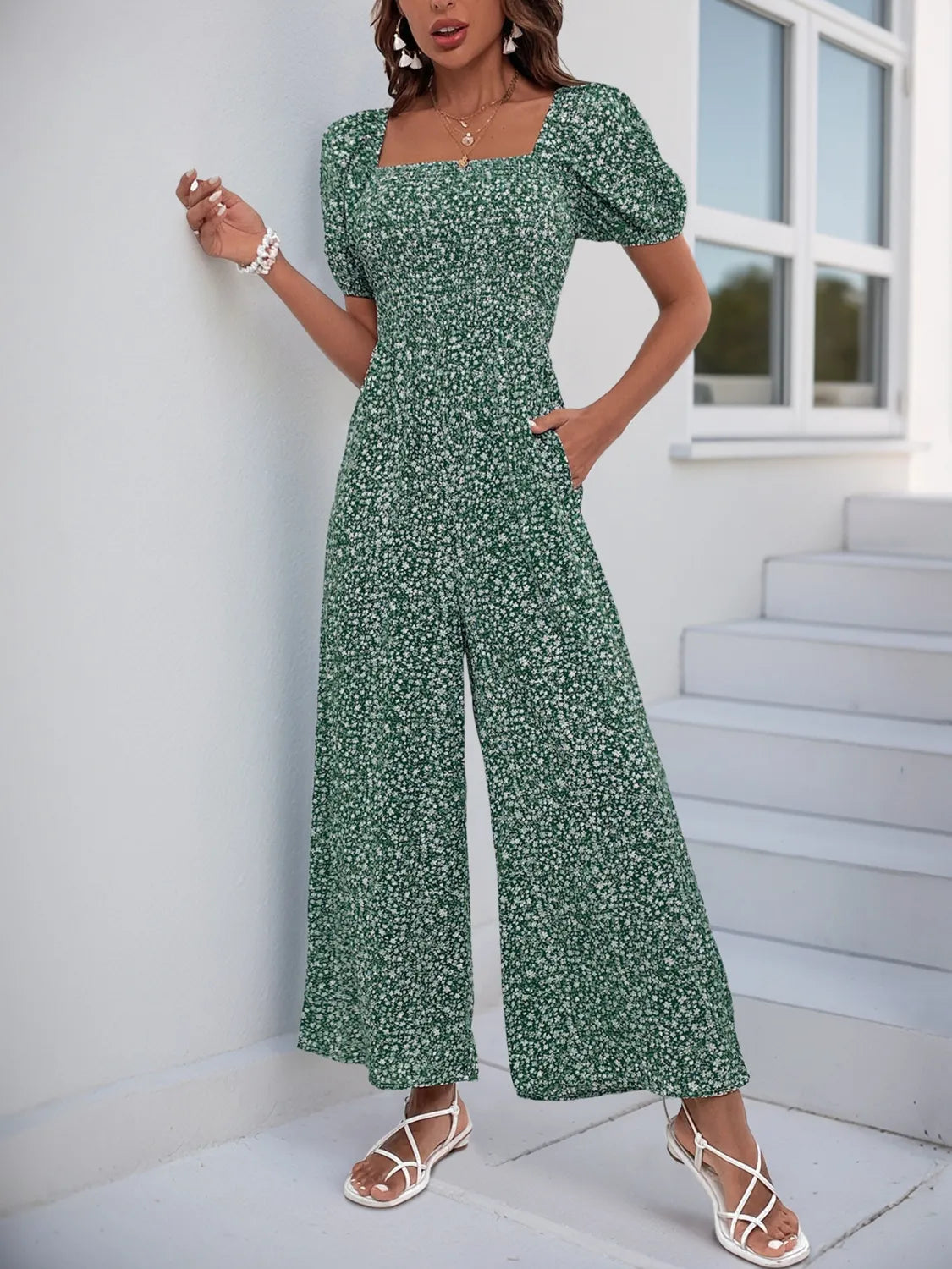 Printed Square Neck Puff Sleeve Jumpsuit by Trendsi