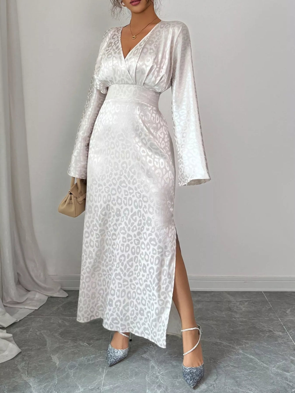 Leopard Surplice Long Sleeve Maxi Dress by Trendsi