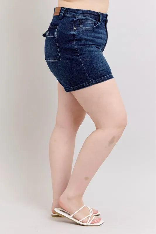 Judy Blue Full Size High Waist Back Flap Pocket Denim Shorts Plus Size by Trendsi