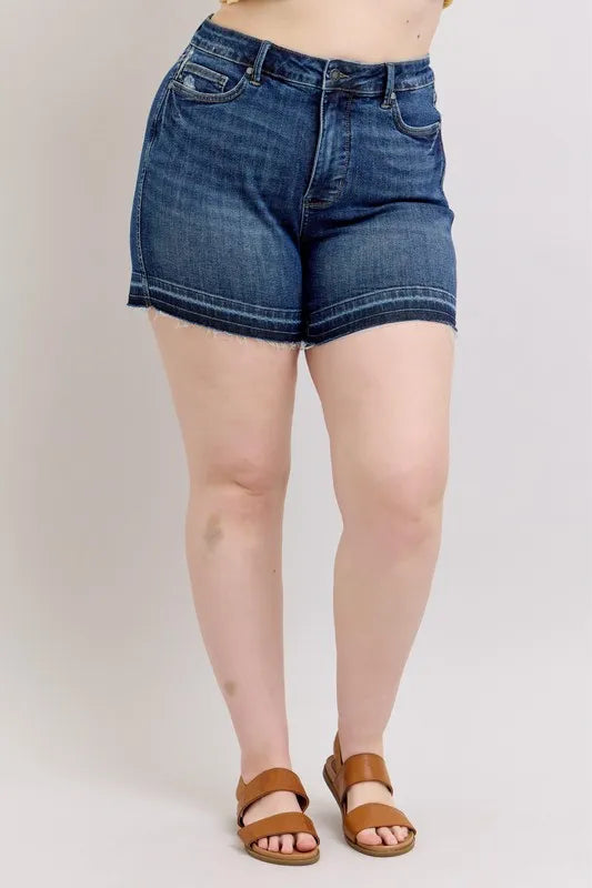 Judy Blue Full Size High Waist Tummy Control Destroy Release Hem Denim Shorts Plus Size by Trendsi
