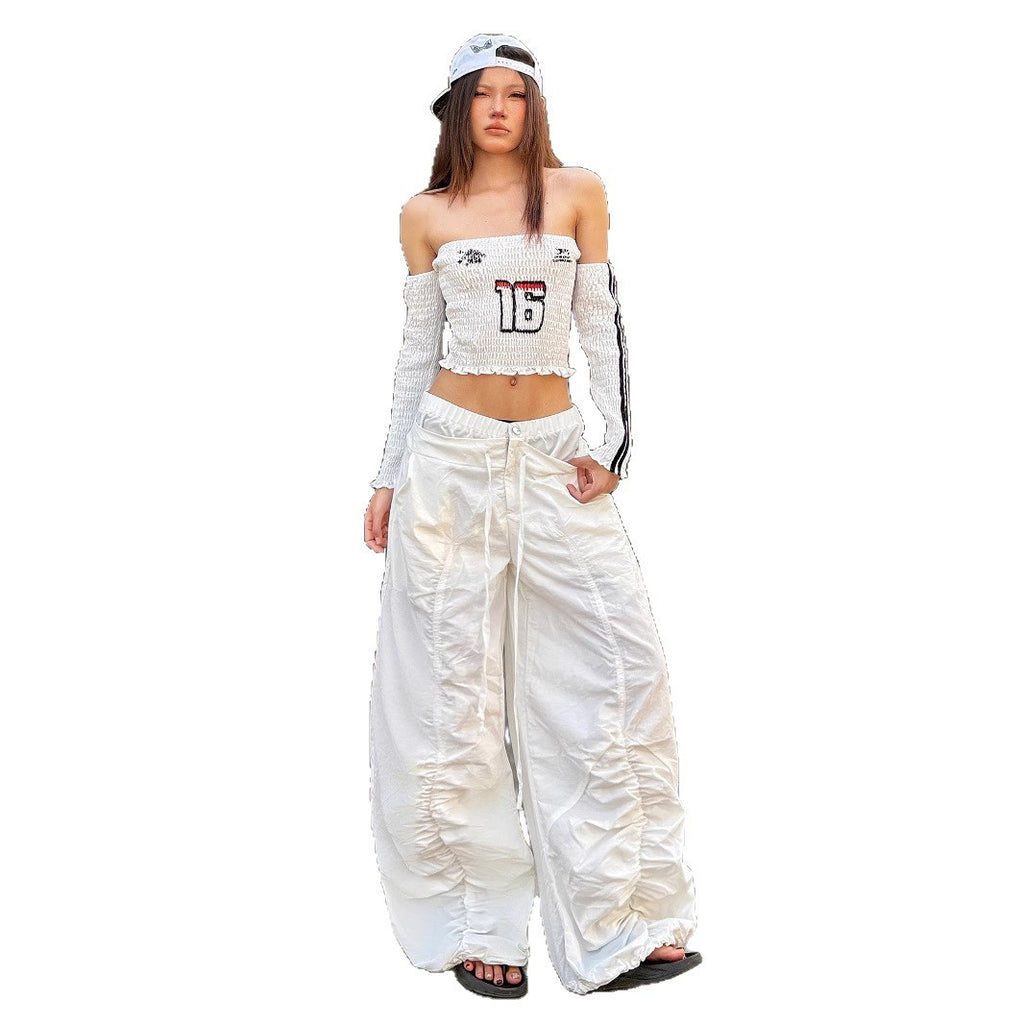 Ruffle Drawstring Lace Letters Embroidered Slacks by DC-THE CEO