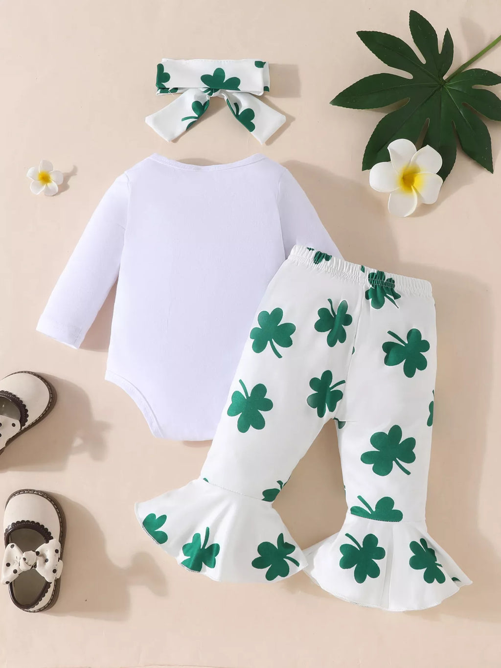 Children's Lucky Clover Long Sleeve Bodysuit and Flare Pants Set with Headband by Trendsi