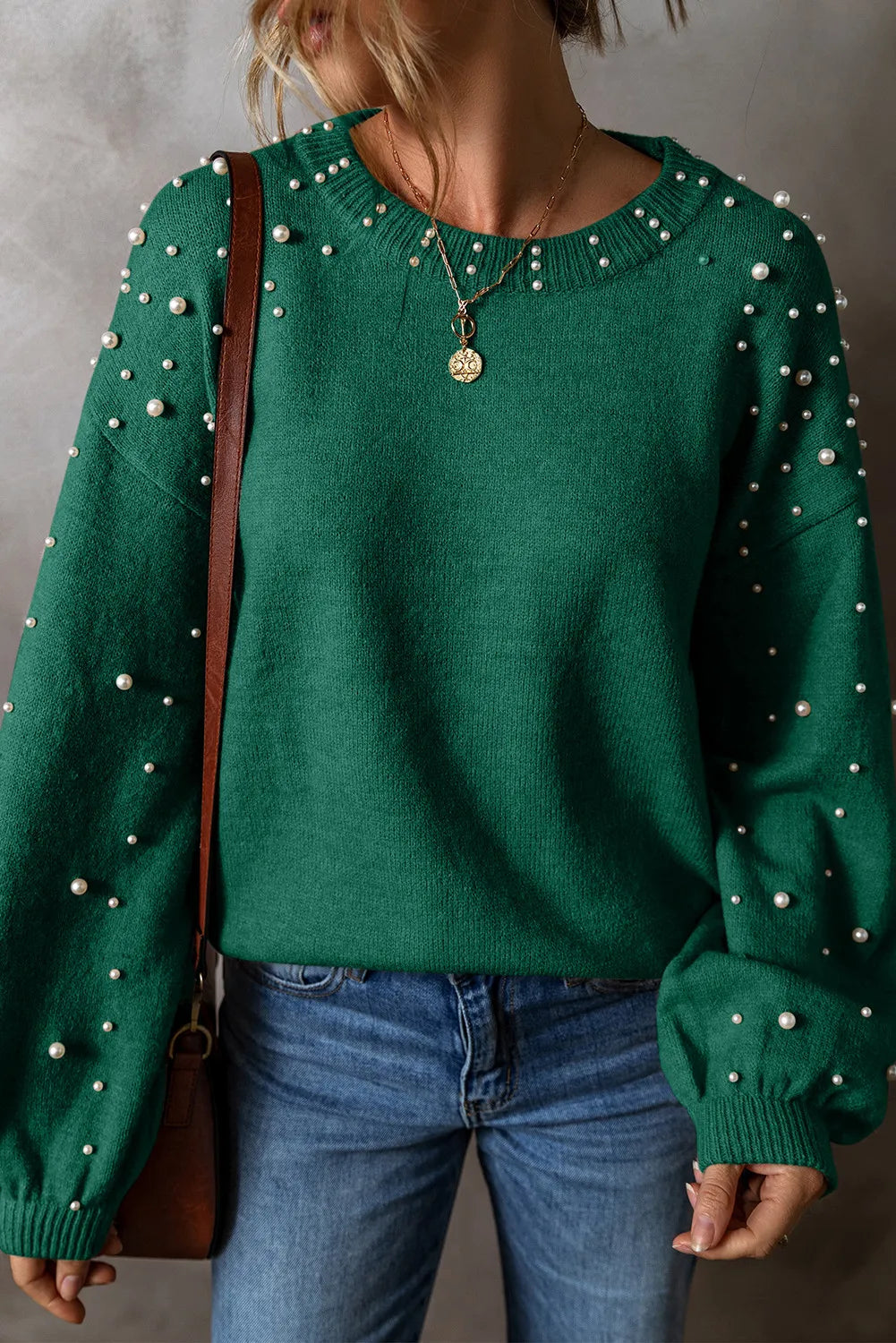 Pearl Detail Round Neck Long Sleeve Sweater by Trendsi