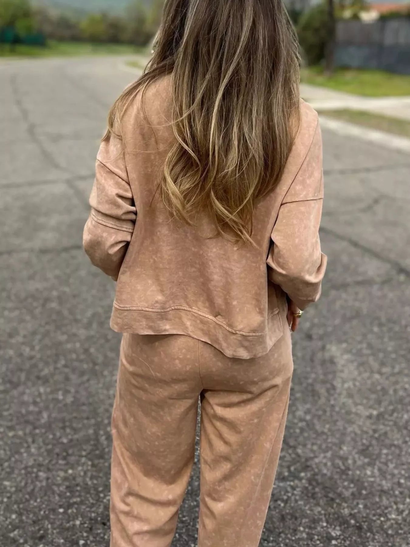 Full Size Washed Round Neck Top and Drawstring Pants Set Plus Size by Trendsi