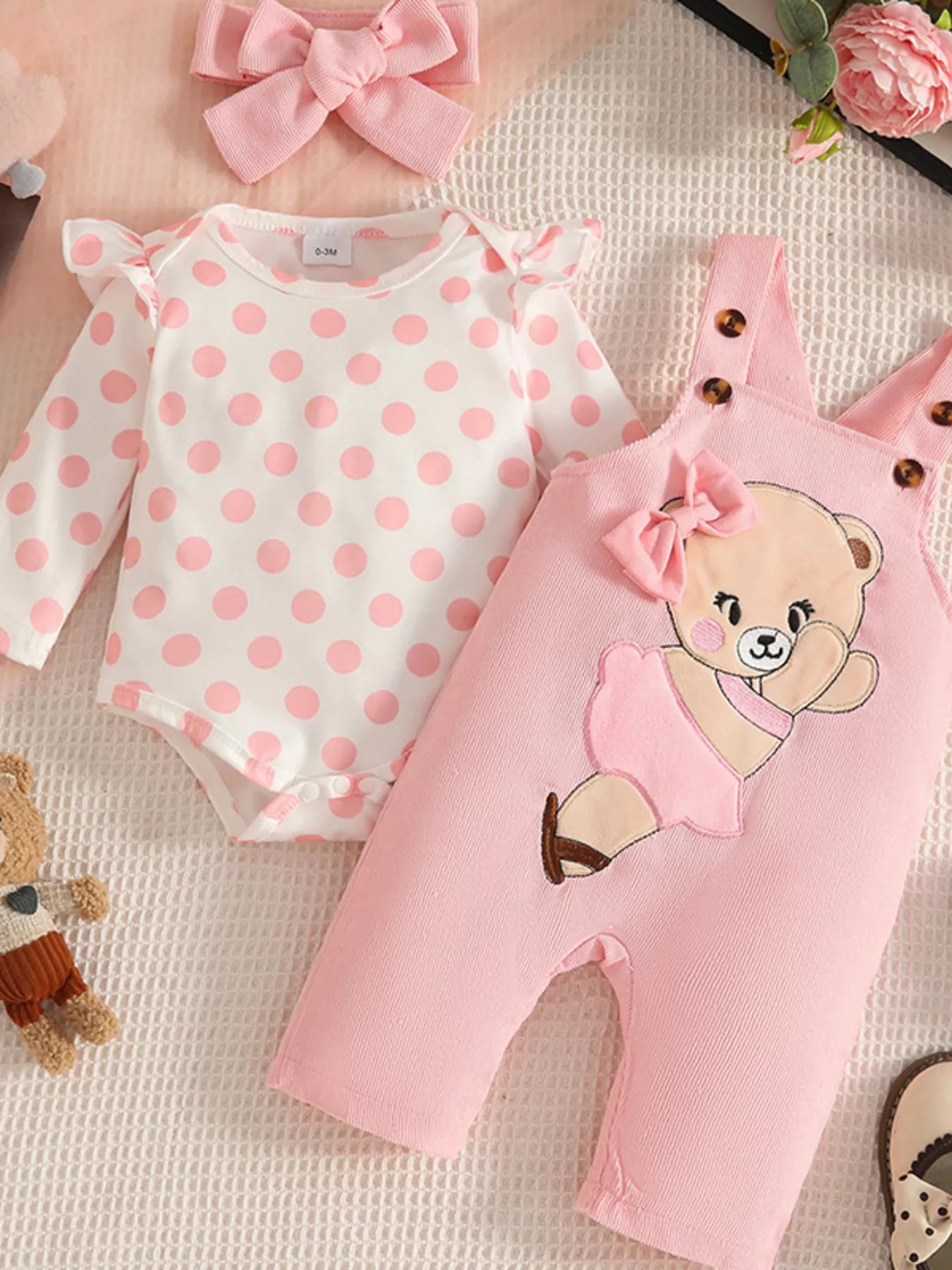 Children's Polka Dot Top and Overalls Set with Headband by Trendsi