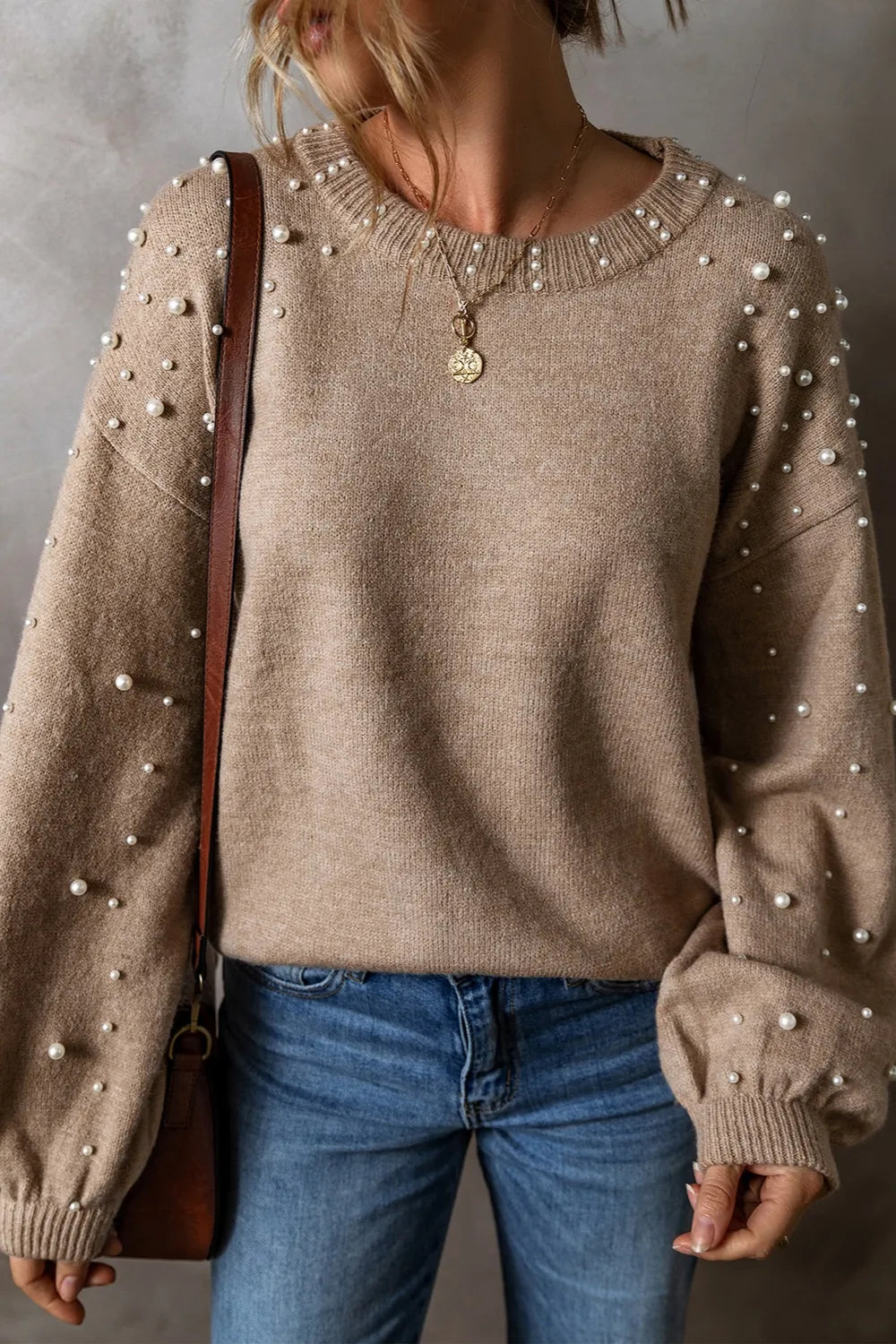 Pearl Detail Round Neck Long Sleeve Sweater by Trendsi