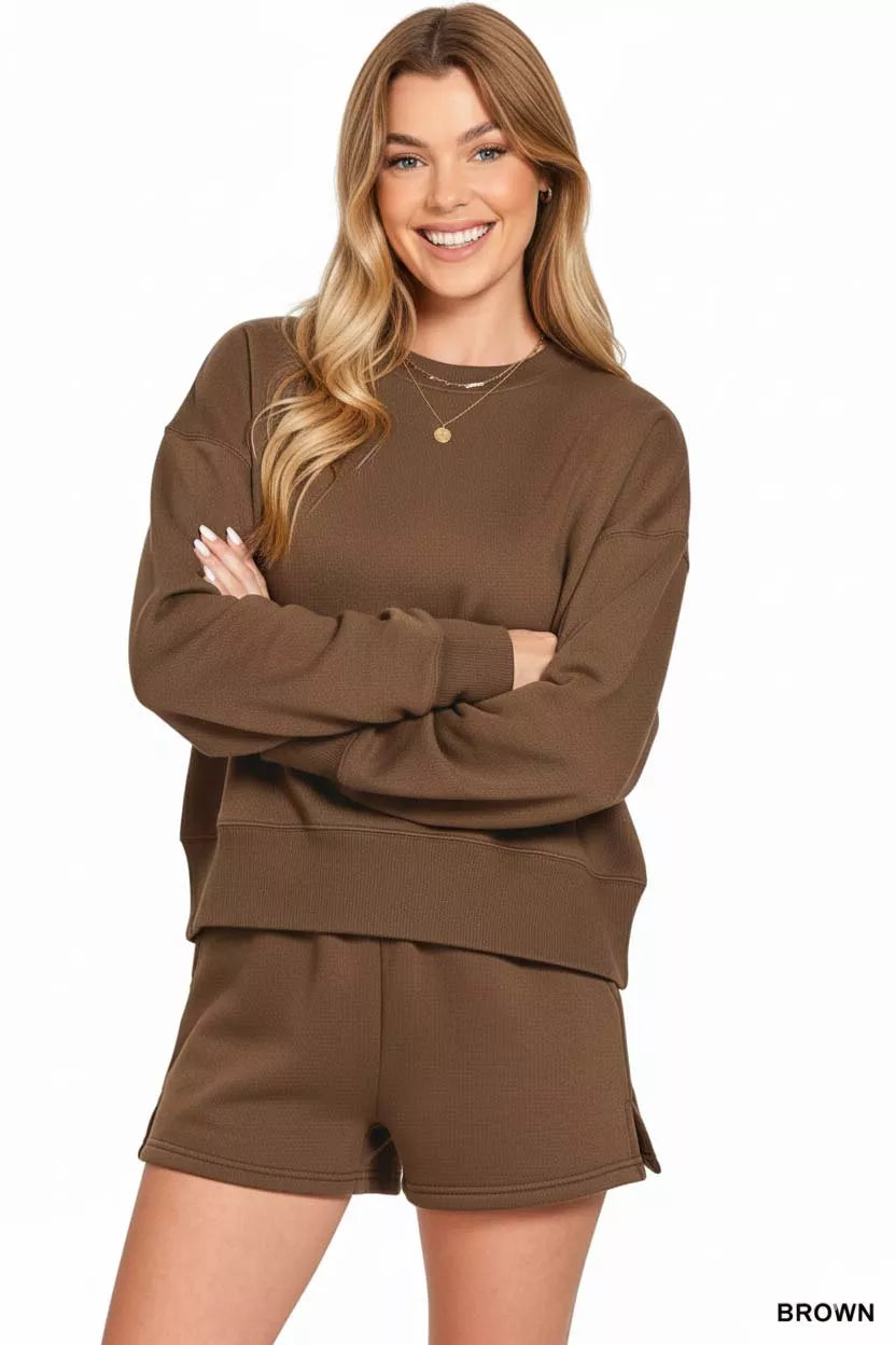 Zenana Fleece Round Neck Sweatshirt and Shorts Set by Trendsi