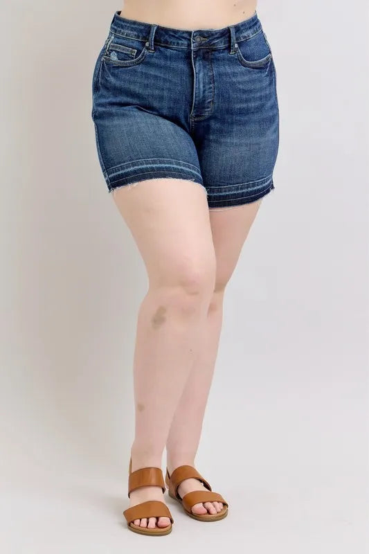 Judy Blue Full Size High Waist Tummy Control Destroy Release Hem Denim Shorts Plus Size by Trendsi