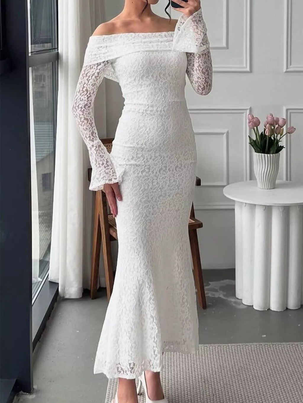 Off-Shoulder Lace Bodycon Maxi Dress by Trendsi