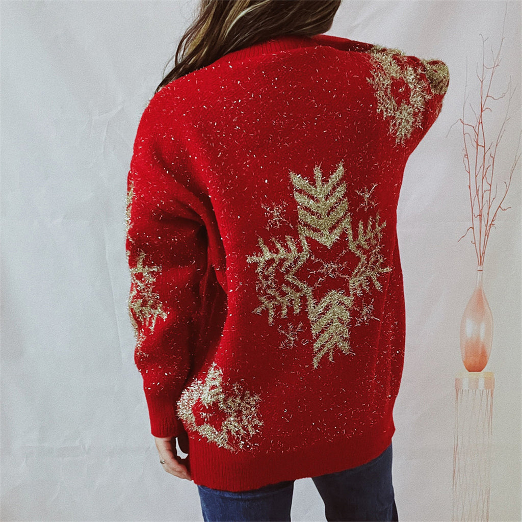 Snowflake Pattern Long Sleeve Sweater by Trendsi