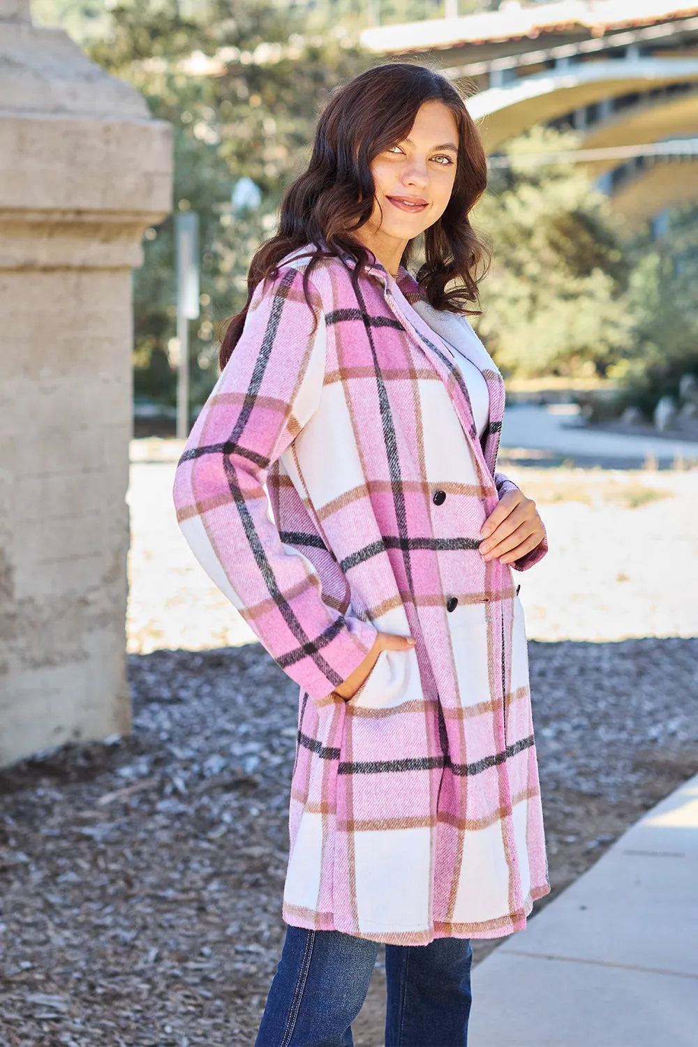 Double Take Full Size Plaid Button Up Lapel Collar Coat by Trendsi