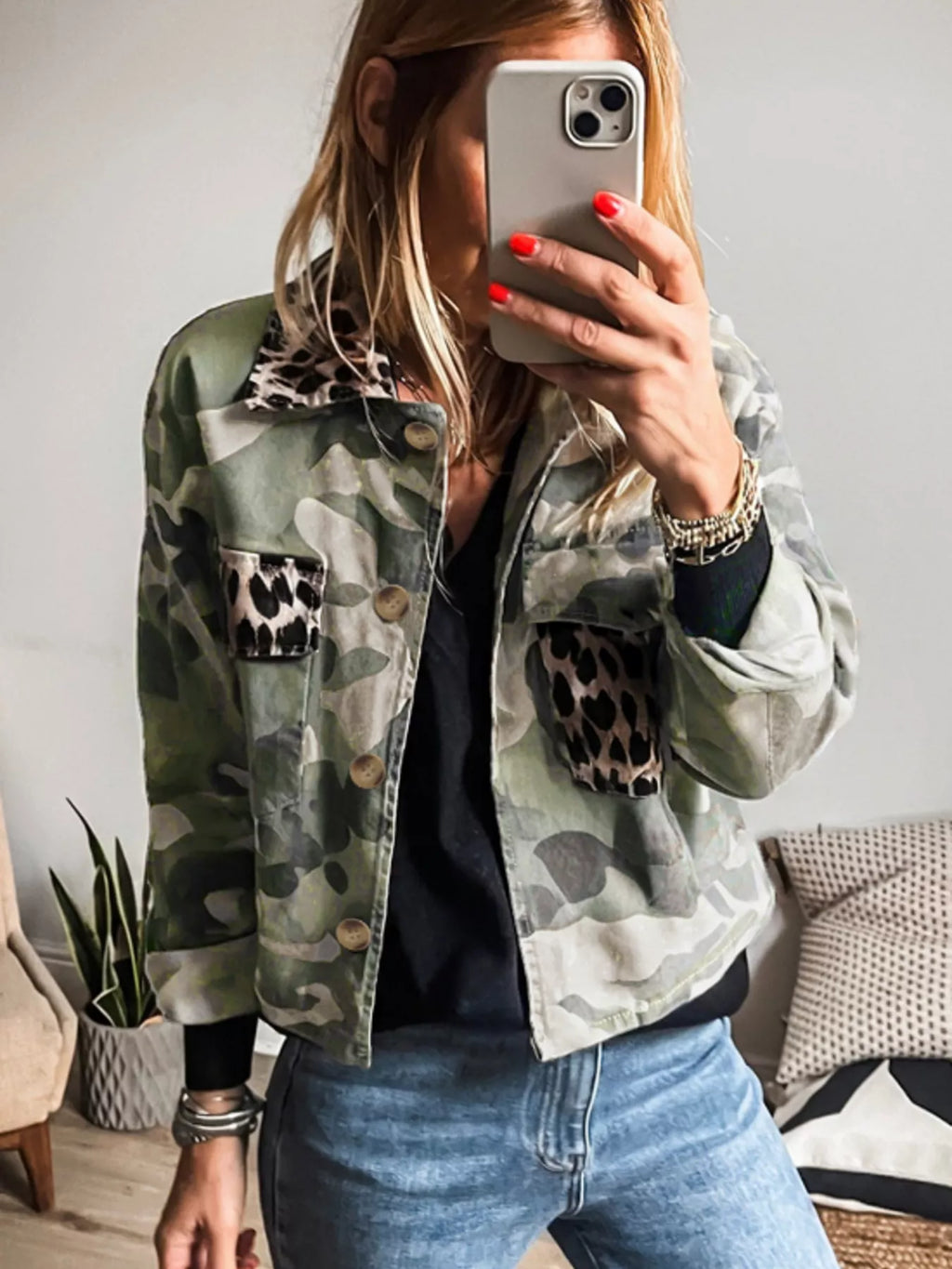 Camo Print Leopard Trim Button Up Jacket by Trendsi