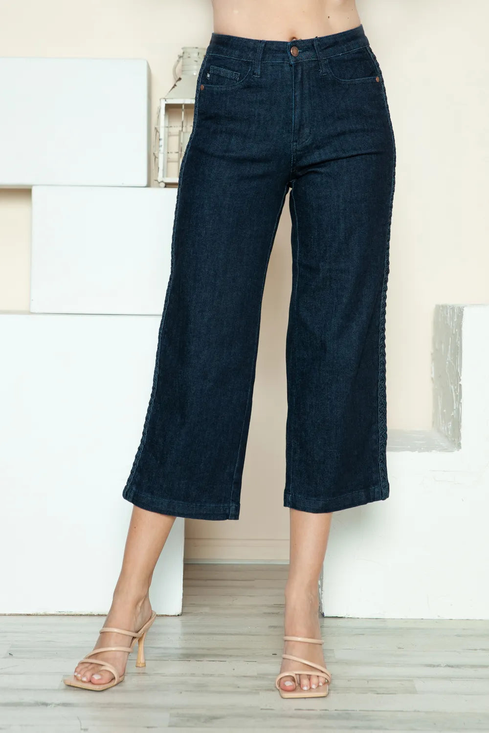 Judy Blue Full Size Side Seam Braid Detail Crop Wide Leg Jeans by Trendsi