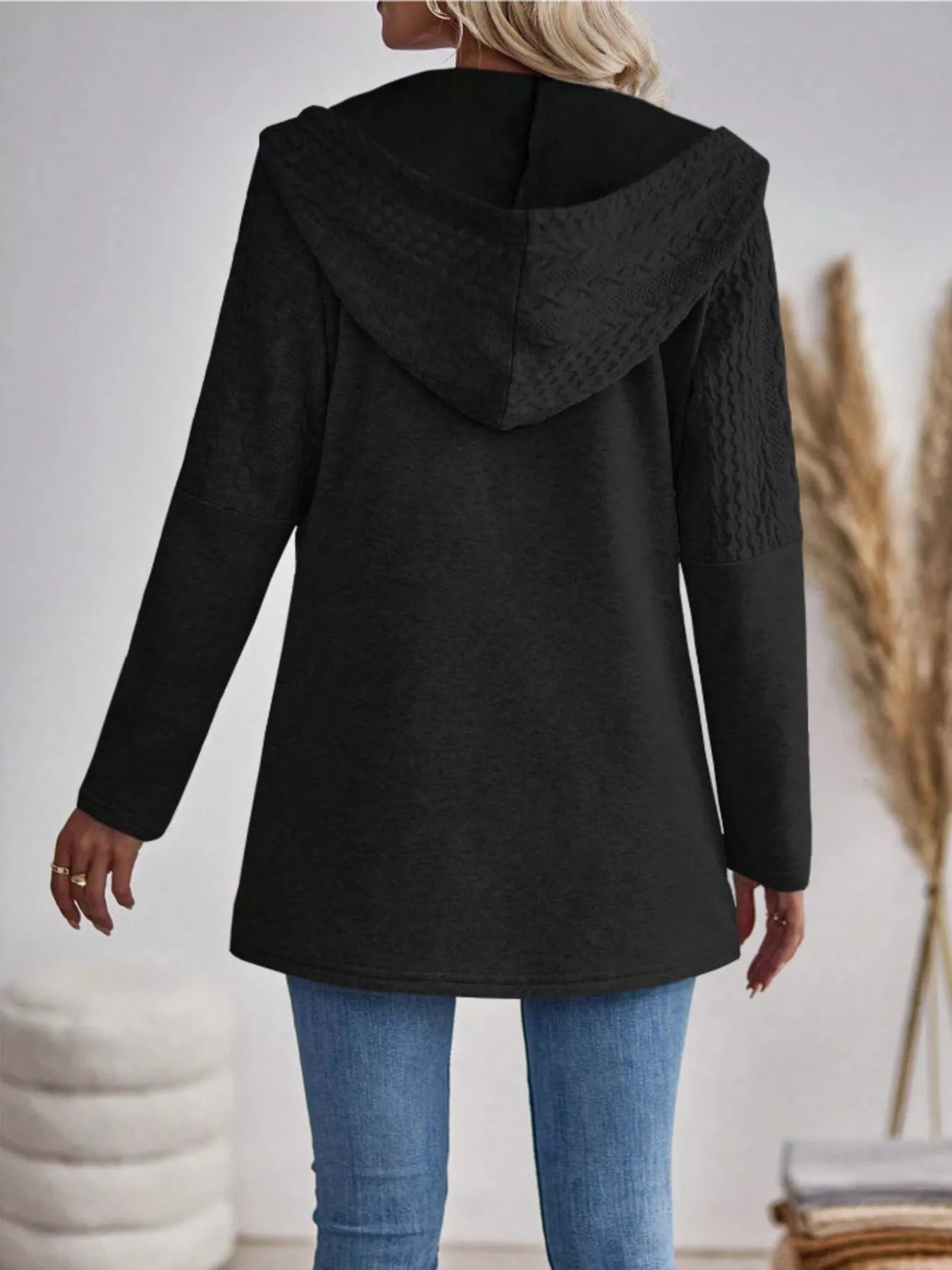 Drawstring Textured Zip Up Drawstring Hooded Jacket by Trendsi