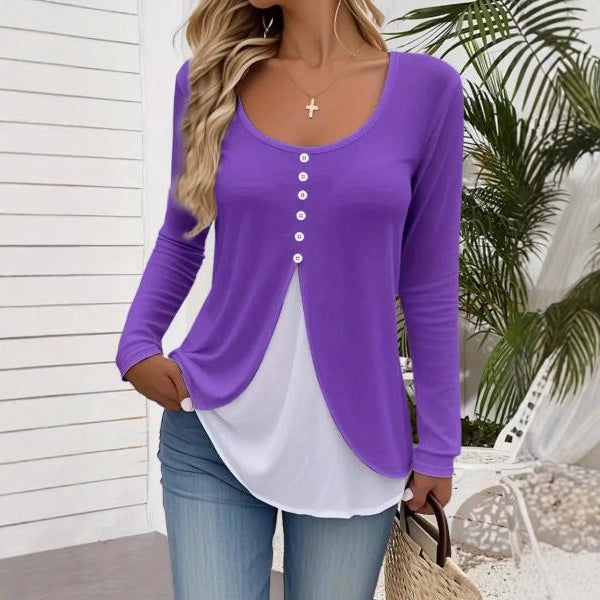 Casual Contrast Color Women's Two-piece Long-sleeved T-shirt by DC-THE CEO